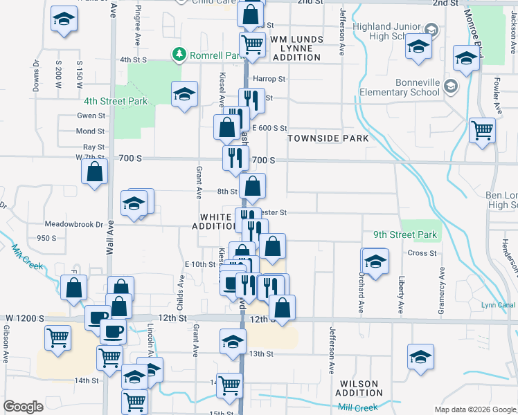 map of restaurants, bars, coffee shops, grocery stores, and more near 418 Chester Street in Ogden