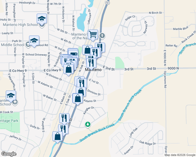 map of restaurants, bars, coffee shops, grocery stores, and more near in Manteno