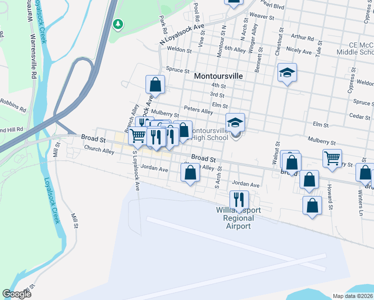 map of restaurants, bars, coffee shops, grocery stores, and more near 17-99 Tomlinson Alley in Montoursville
