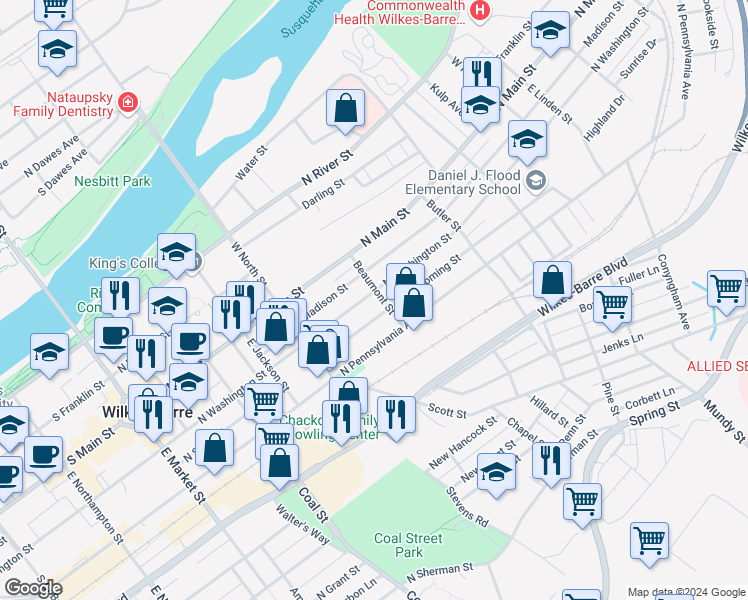 map of restaurants, bars, coffee shops, grocery stores, and more near 314 North Washington Street in Wilkes-Barre