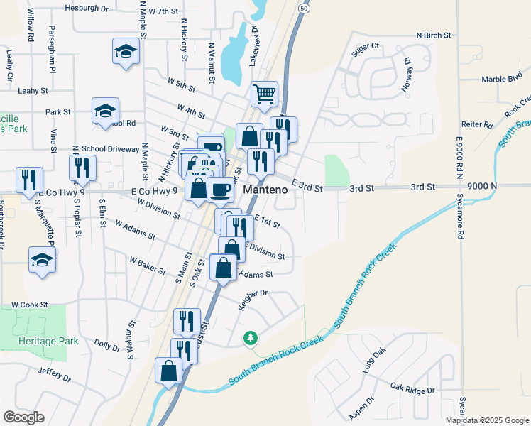 map of restaurants, bars, coffee shops, grocery stores, and more near in Manteno