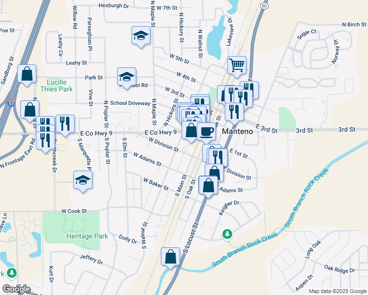 map of restaurants, bars, coffee shops, grocery stores, and more near 77 North Main Street in Manteno