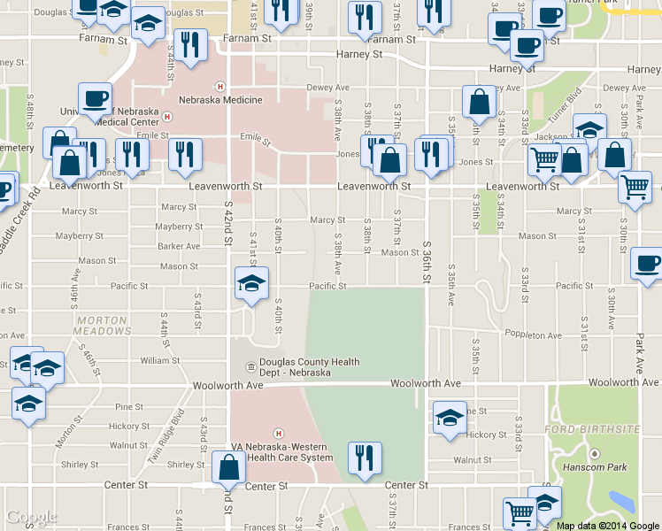 map of restaurants, bars, coffee shops, grocery stores, and more near 3863 Mason Street in Omaha