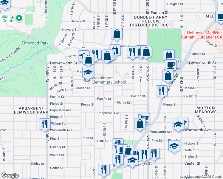 map of restaurants, bars, coffee shops, grocery stores, and more near 1002 South 52nd Street in Omaha