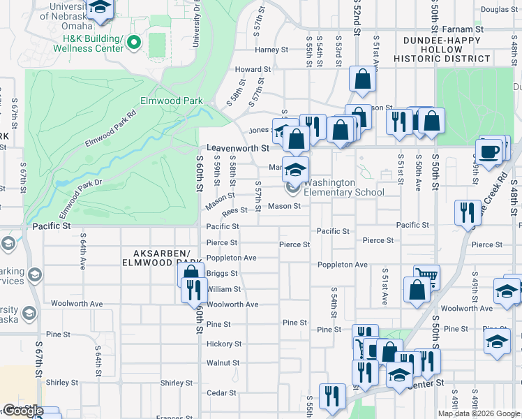 map of restaurants, bars, coffee shops, grocery stores, and more near 5707 Mason Street in Omaha