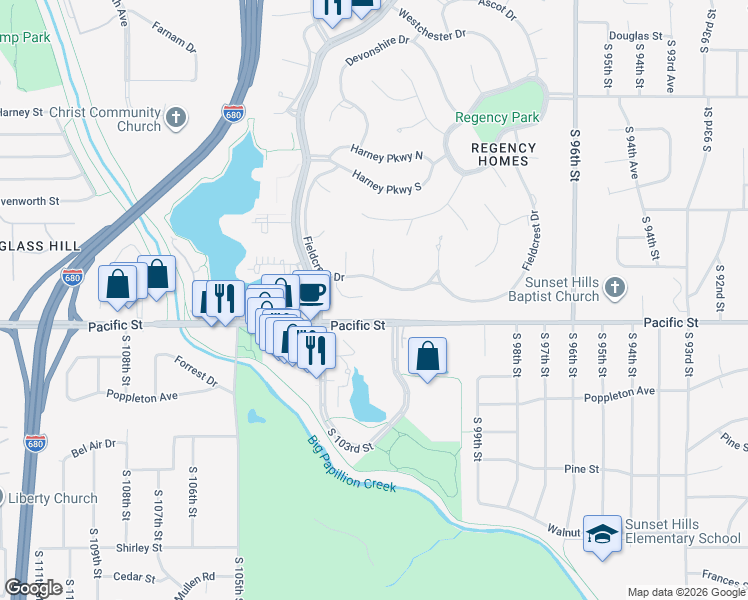 map of restaurants, bars, coffee shops, grocery stores, and more near 9936 Fieldcrest Drive in Omaha