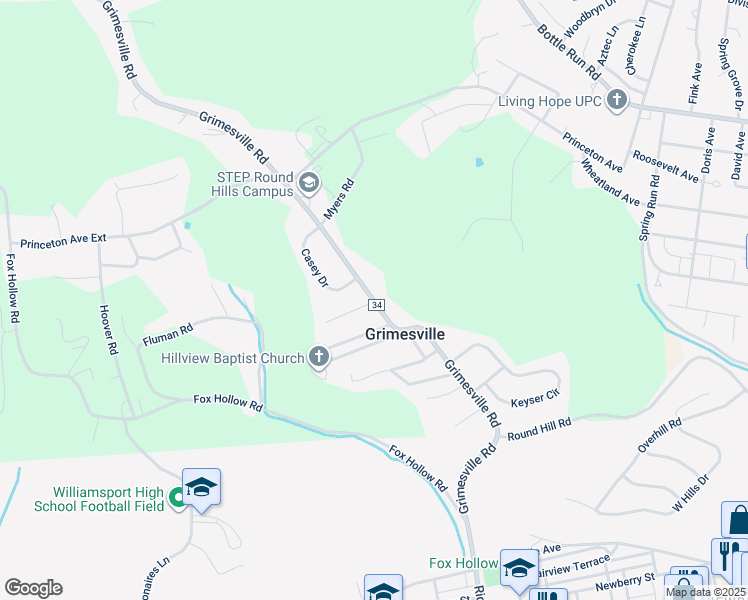 map of restaurants, bars, coffee shops, grocery stores, and more near 88 Grimesville Road in Williamsport