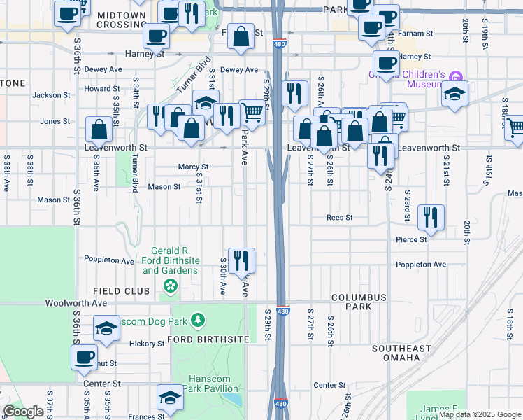 map of restaurants, bars, coffee shops, grocery stores, and more near 1040 South 29th Street in Omaha