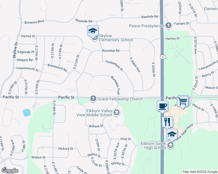 map of restaurants, bars, coffee shops, grocery stores, and more near 20823 Buckskin Trail in Omaha