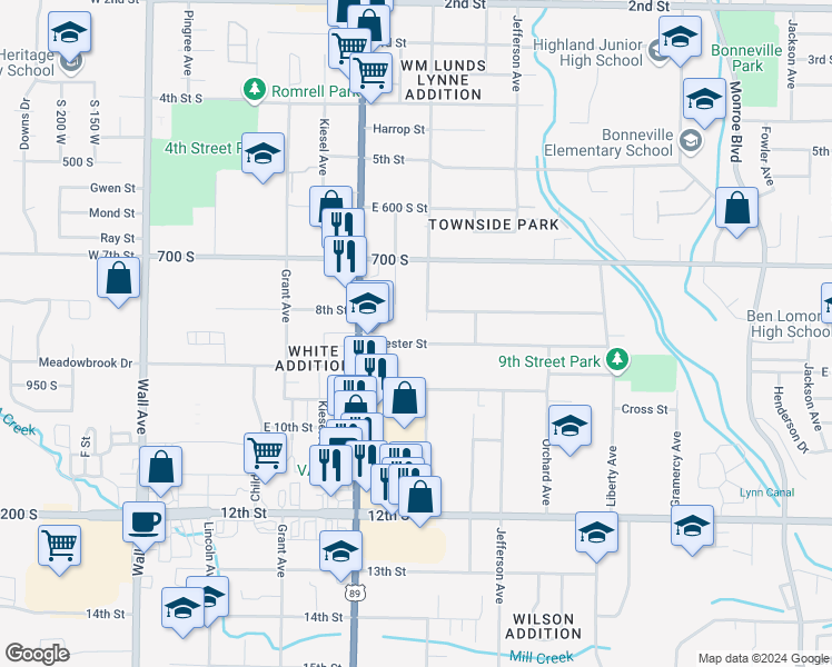map of restaurants, bars, coffee shops, grocery stores, and more near 807 Adams Avenue in Ogden