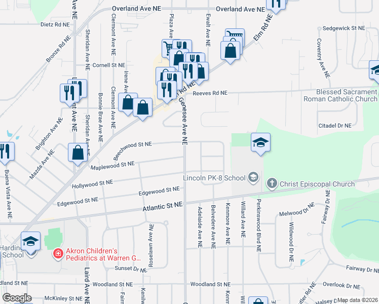 map of restaurants, bars, coffee shops, grocery stores, and more near 2050 Beechwood Street Northeast in Warren