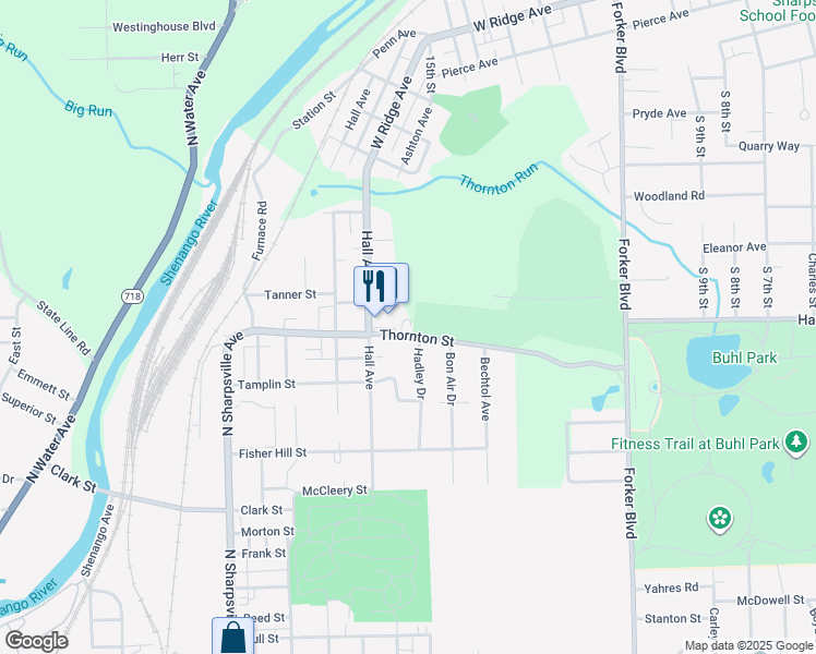 map of restaurants, bars, coffee shops, grocery stores, and more near 631-735 Thornton Avenue in Sharon