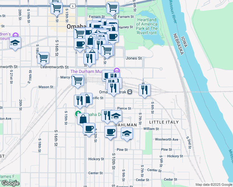 map of restaurants, bars, coffee shops, grocery stores, and more near in Omaha