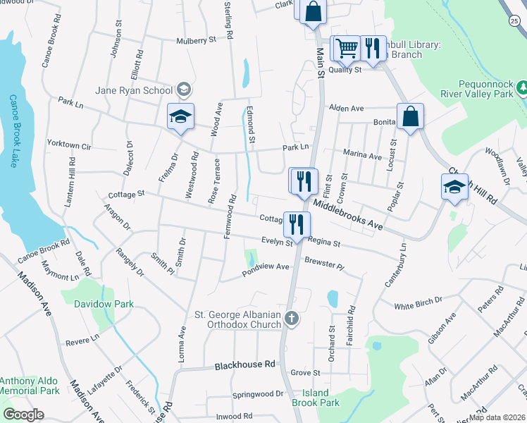 map of restaurants, bars, coffee shops, grocery stores, and more near 23 Clinton Street in Trumbull