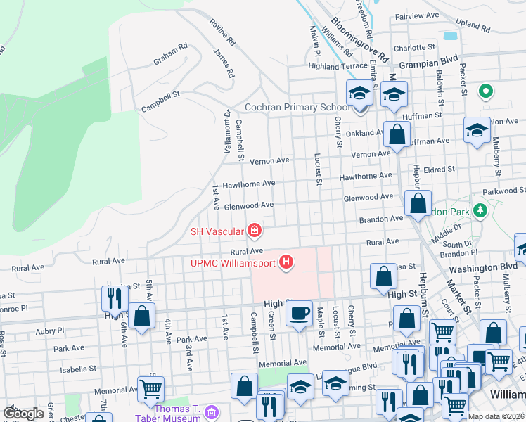 map of restaurants, bars, coffee shops, grocery stores, and more near 760 Glenwood Avenue in Williamsport