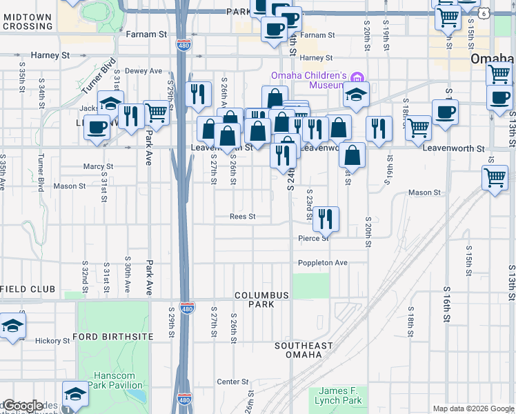 map of restaurants, bars, coffee shops, grocery stores, and more near 1011 South 25th Avenue in Omaha