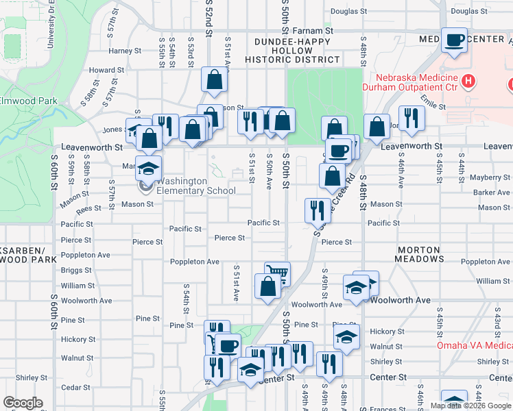 map of restaurants, bars, coffee shops, grocery stores, and more near 5103 Mason Street in Omaha