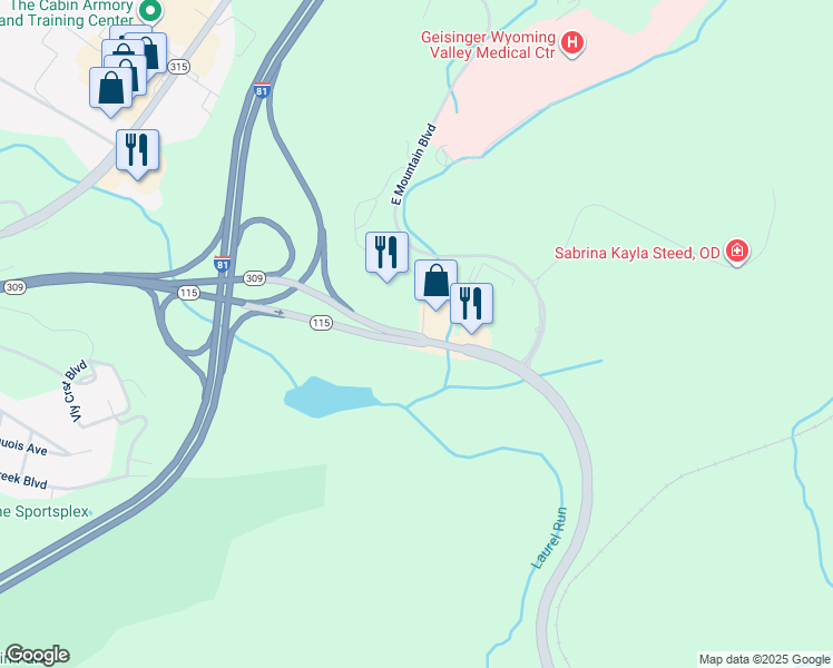map of restaurants, bars, coffee shops, grocery stores, and more near 456 Wildflower Drive in Wilkes-Barre