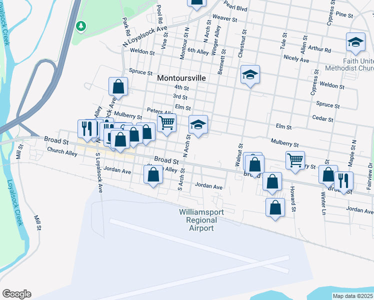 map of restaurants, bars, coffee shops, grocery stores, and more near 50 North Arch Street in Montoursville
