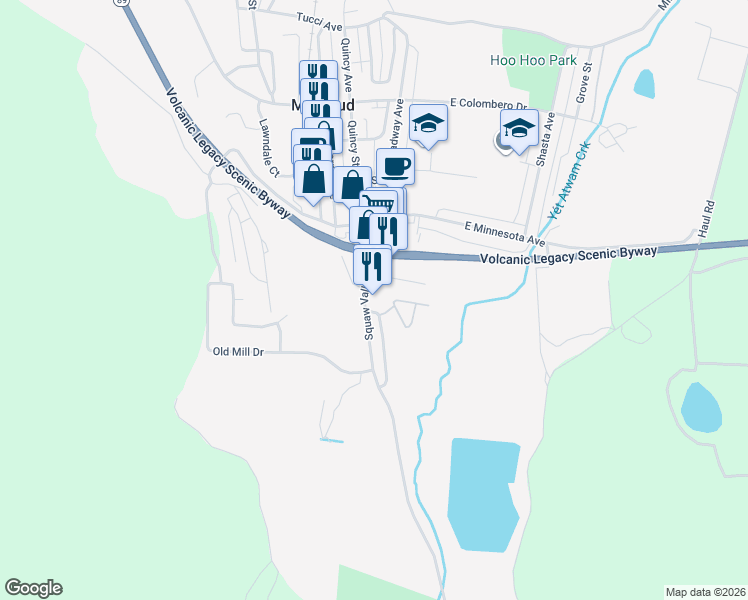 map of restaurants, bars, coffee shops, grocery stores, and more near 480 California 89 in McCloud
