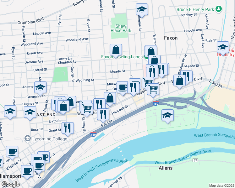 map of restaurants, bars, coffee shops, grocery stores, and more near 822 Chestnut Street in Williamsport