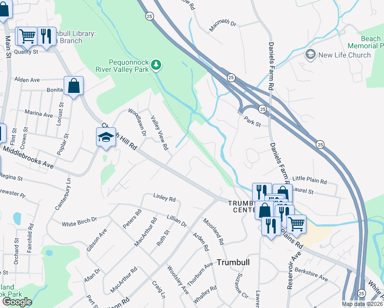 map of restaurants, bars, coffee shops, grocery stores, and more near 20 Norwood Terrace in Trumbull