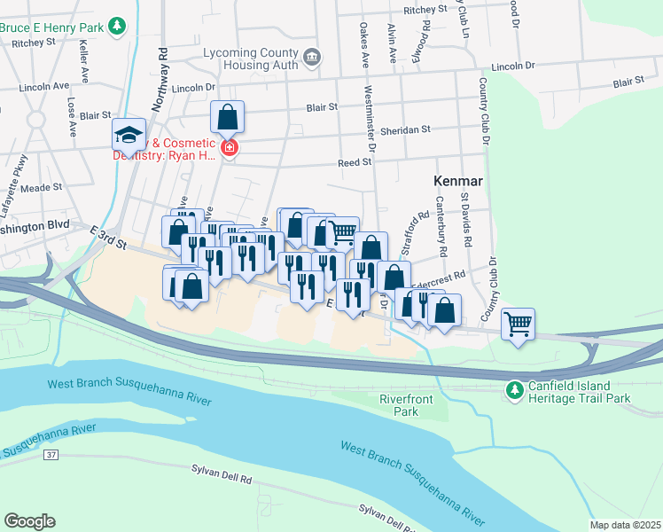 map of restaurants, bars, coffee shops, grocery stores, and more near 1915 East 3rd Street in Williamsport