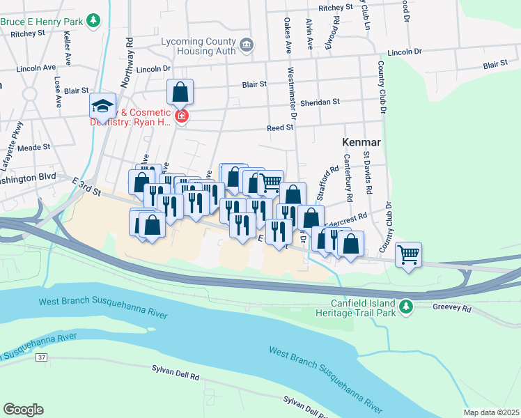 map of restaurants, bars, coffee shops, grocery stores, and more near 1915 East 3rd Street in Williamsport