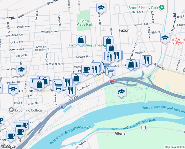 map of restaurants, bars, coffee shops, grocery stores, and more near 1099 Brandon Place in Williamsport