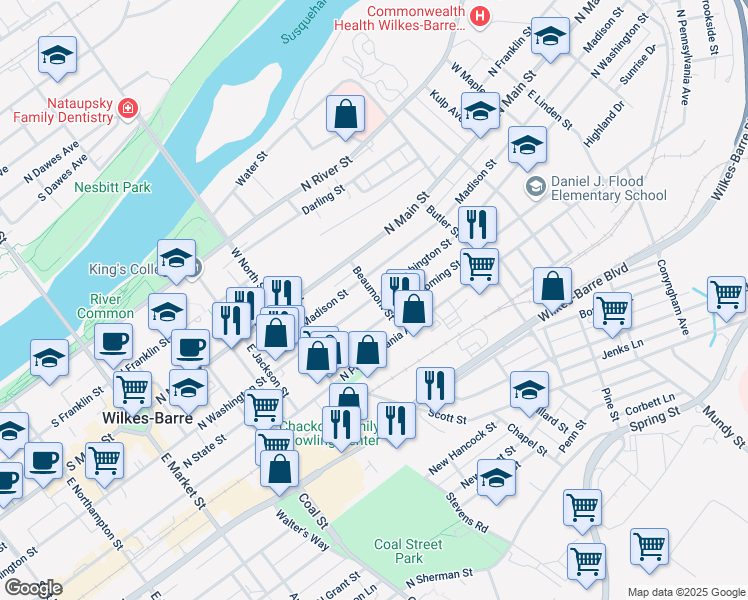 map of restaurants, bars, coffee shops, grocery stores, and more near 314 North Washington Street in Wilkes-Barre