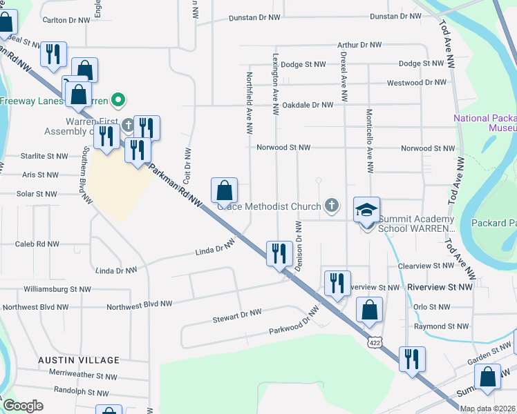 map of restaurants, bars, coffee shops, grocery stores, and more near 1818 Northfield Avenue Northwest in Warren