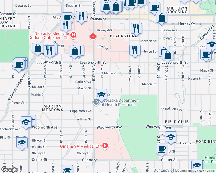 map of restaurants, bars, coffee shops, grocery stores, and more near 3930 Mason Street in Omaha