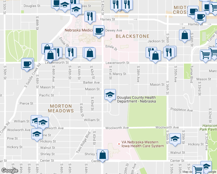 map of restaurants, bars, coffee shops, grocery stores, and more near 931 South 41st Street in Omaha