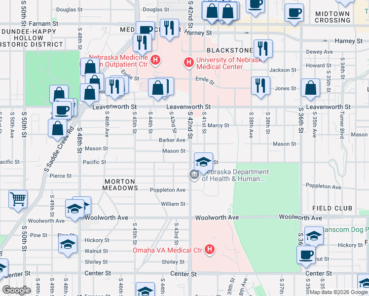 map of restaurants, bars, coffee shops, grocery stores, and more near 4201 Barker Avenue in Omaha