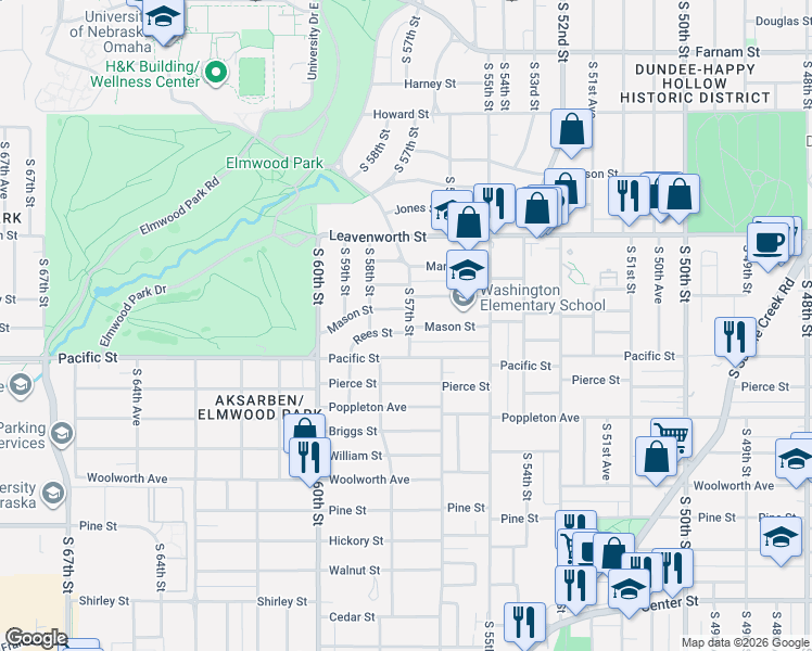 map of restaurants, bars, coffee shops, grocery stores, and more near 5707 Mason Street in Omaha
