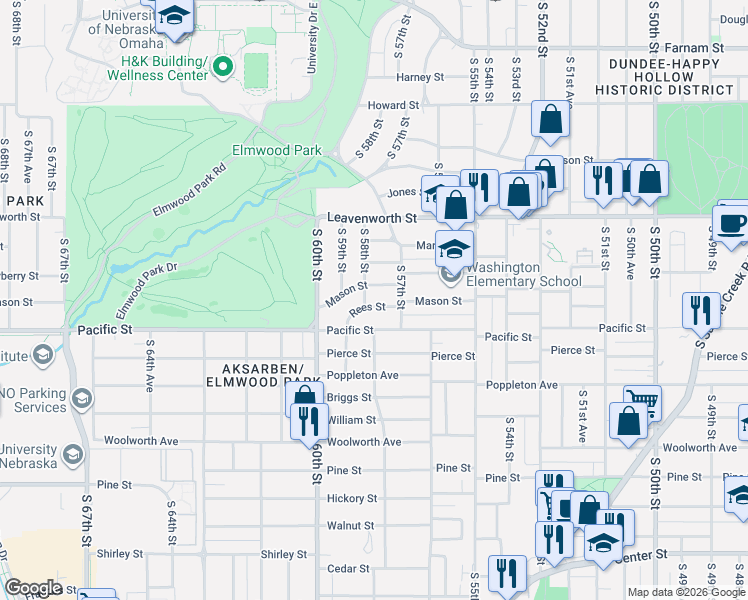 map of restaurants, bars, coffee shops, grocery stores, and more near 5801 Mason Street in Omaha