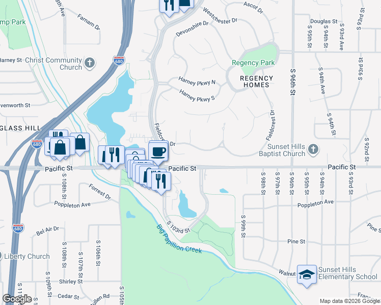 map of restaurants, bars, coffee shops, grocery stores, and more near 9936 Fieldcrest Drive in Omaha
