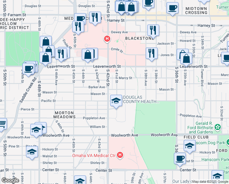 map of restaurants, bars, coffee shops, grocery stores, and more near 931 South 41st Street in Omaha