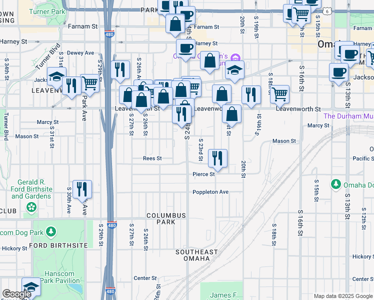 map of restaurants, bars, coffee shops, grocery stores, and more near 1024 South 24th Street in Omaha