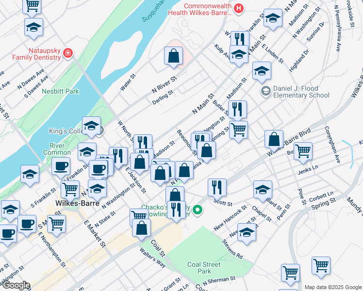 map of restaurants, bars, coffee shops, grocery stores, and more near 246 North Washington Street in Wilkes-Barre
