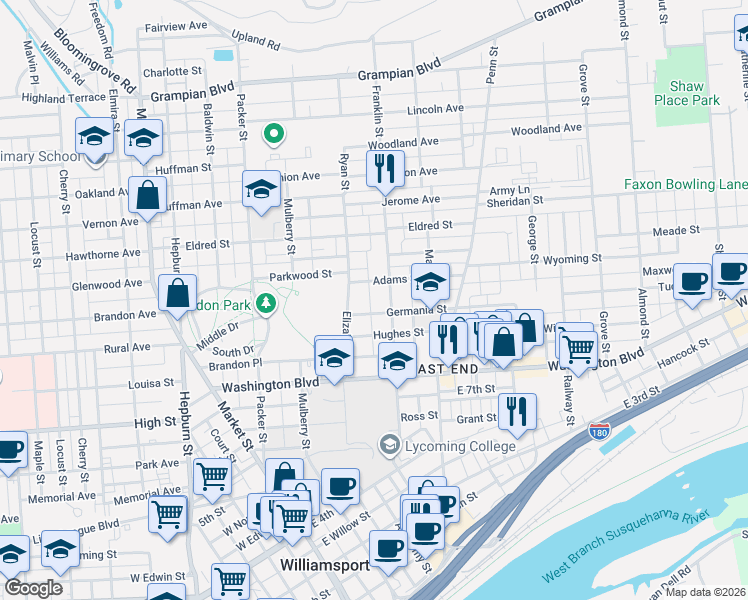 map of restaurants, bars, coffee shops, grocery stores, and more near 919-999 Henrietta Street in Williamsport