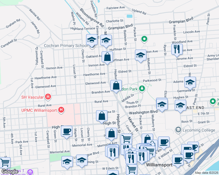 map of restaurants, bars, coffee shops, grocery stores, and more near 963 Market Street in Williamsport