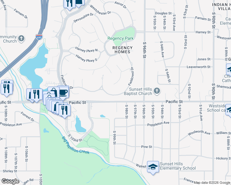 map of restaurants, bars, coffee shops, grocery stores, and more near 9744 Fieldcrest Drive in Omaha