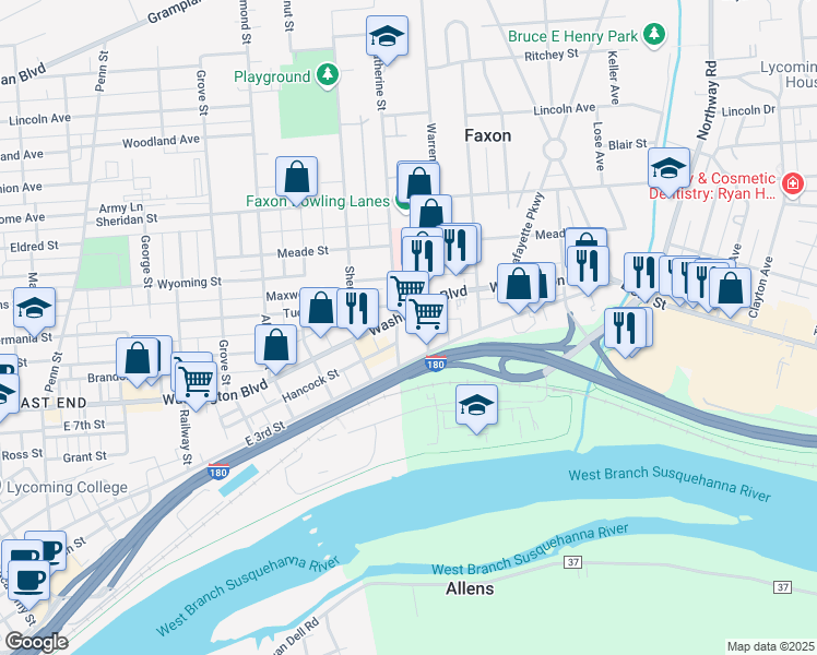 map of restaurants, bars, coffee shops, grocery stores, and more near 355 River Avenue in Williamsport