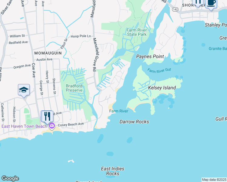 map of restaurants, bars, coffee shops, grocery stores, and more near 27 Whalers Point Road in East Haven