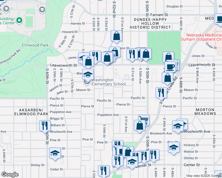 map of restaurants, bars, coffee shops, grocery stores, and more near 1002 South 52nd Street in Omaha