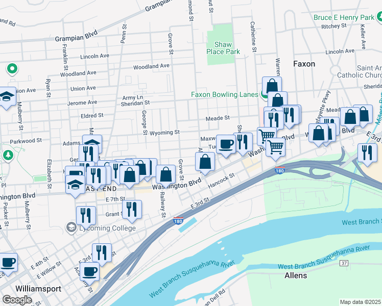 map of restaurants, bars, coffee shops, grocery stores, and more near in Williamsport