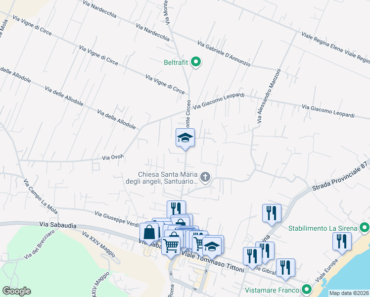 map of restaurants, bars, coffee shops, grocery stores, and more near 135 Via Monte Circeo in San Felice Circeo