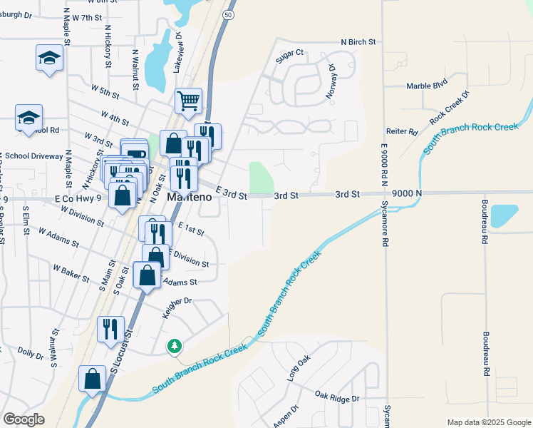 map of restaurants, bars, coffee shops, grocery stores, and more near 198 South Mcguire Street in Manteno