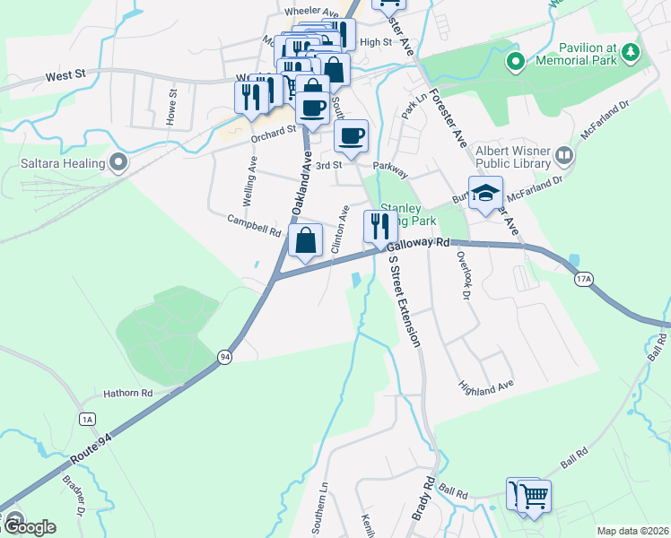 map of restaurants, bars, coffee shops, grocery stores, and more near 24 Galloway Road in Warwick